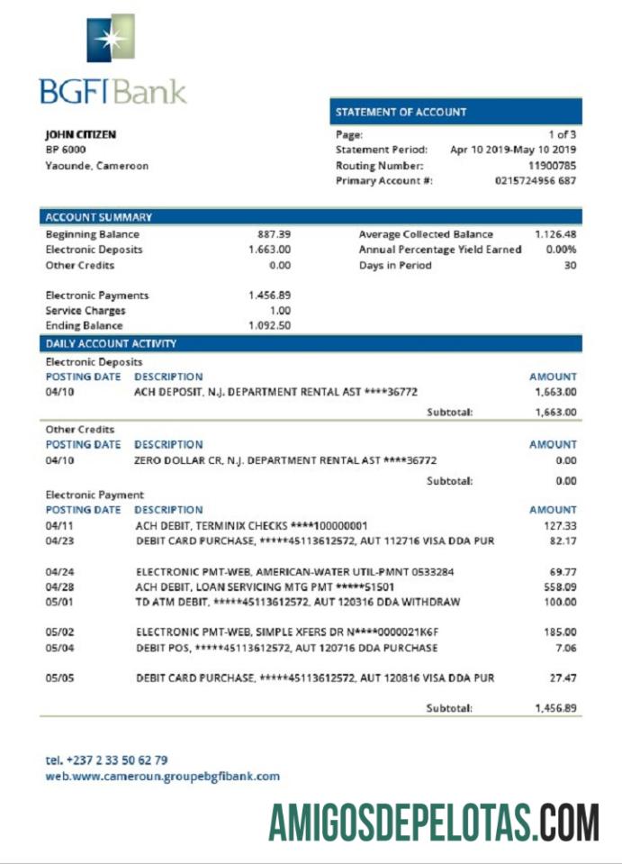 Modelo de extrato bancário BGFI dos Camarões para impressão, formato Word e PDF